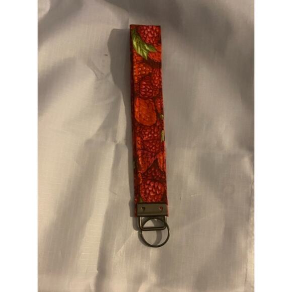 Cottagecore Berry Print Wristlet Keychain Red & Green Fabric Handmade - Picture 1 of 2